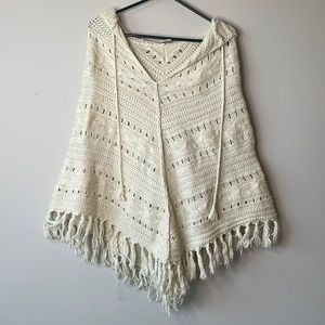 Creme beige knitted poncho with hood